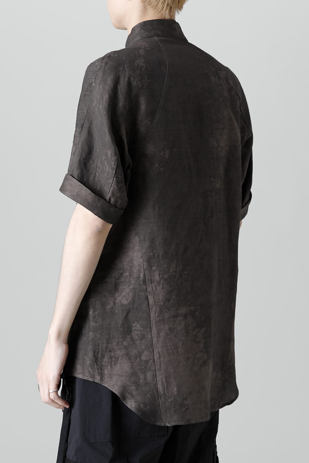 Uneven Dyed Rayon×Linen×Ramie Band Coller Short Sleeves Shirt  Charcoal