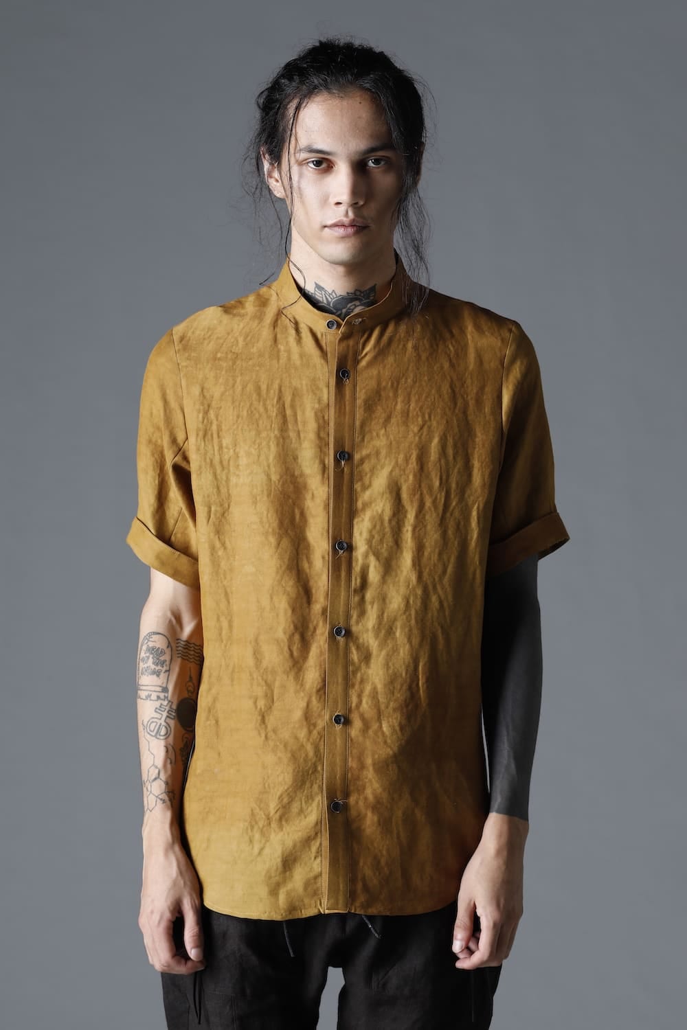 Uneven Dyed Rayon×Linen×Ramie Band Coller Short Sleeves Shirt  Mustard