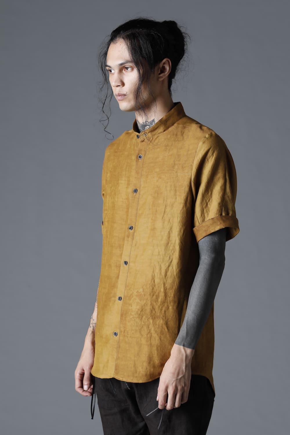 Uneven Dyed Rayon×Linen×Ramie Band Coller Short Sleeves Shirt  Mustard