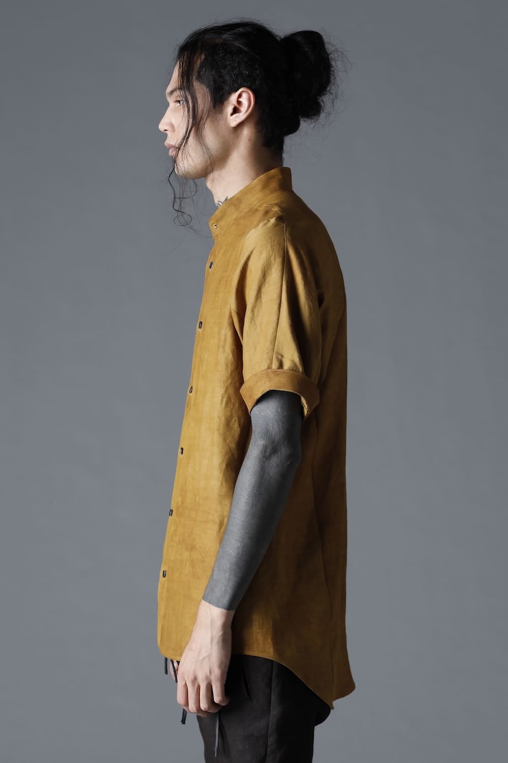 Uneven Dyed Rayon×Linen×Ramie Band Coller Short Sleeves Shirt  Mustard