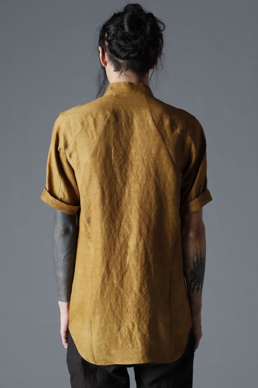 Uneven Dyed Rayon×Linen×Ramie Band Coller Short Sleeves Shirt  Mustard