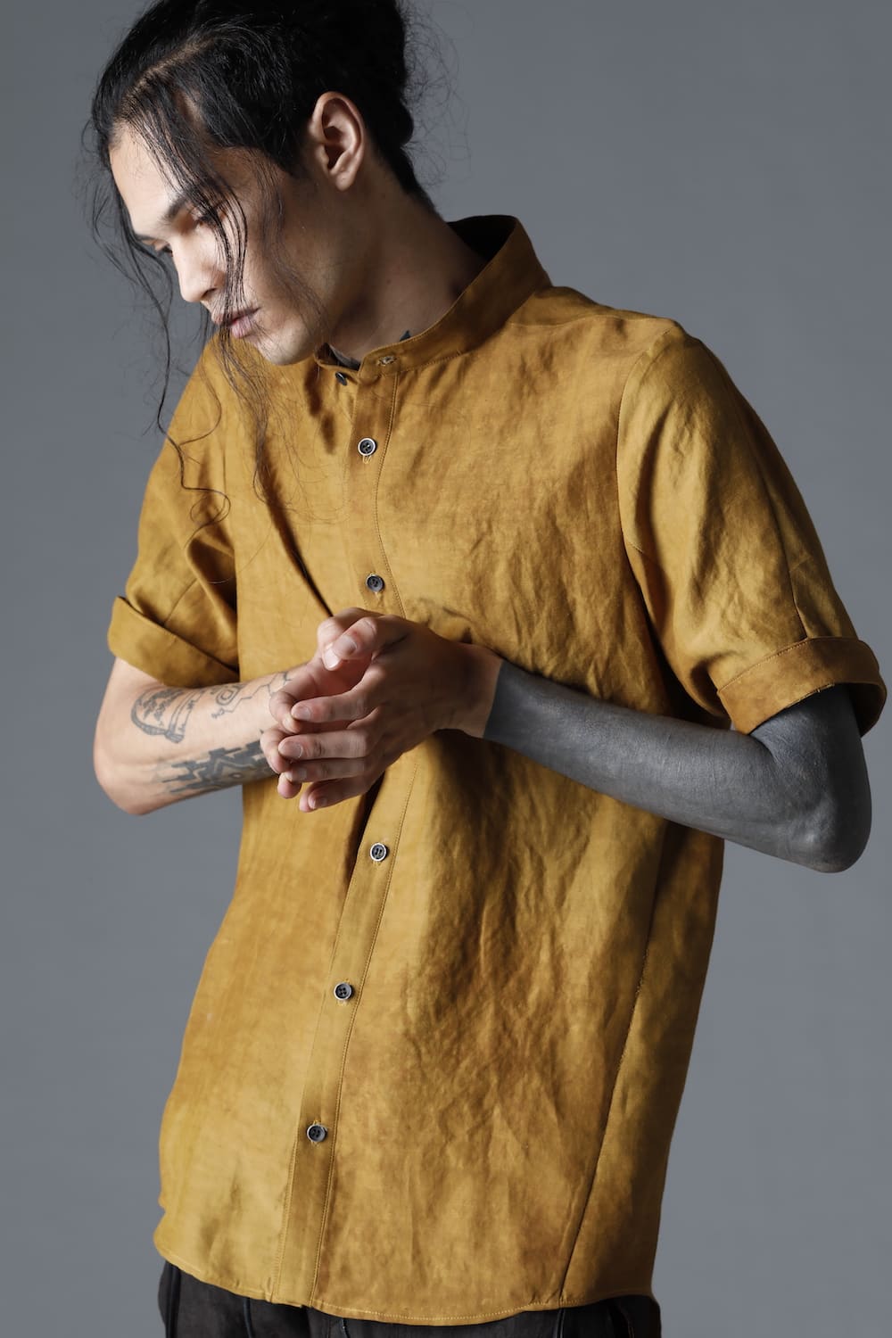 Uneven Dyed Rayon×Linen×Ramie Band Coller Short Sleeves Shirt  Mustard