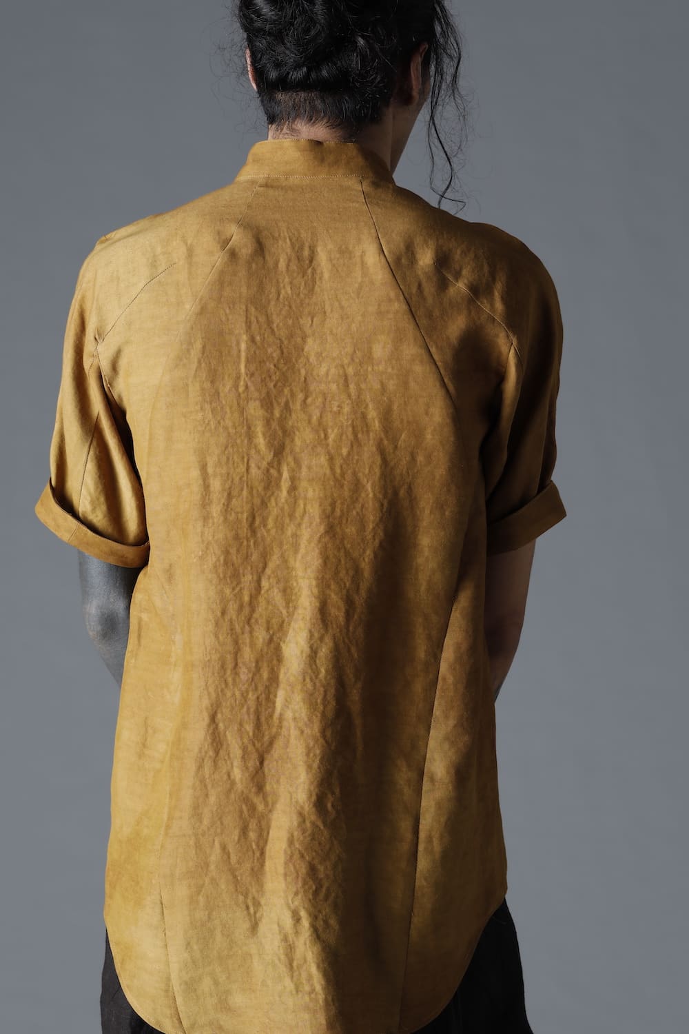 Uneven Dyed Rayon×Linen×Ramie Band Coller Short Sleeves Shirt  Mustard