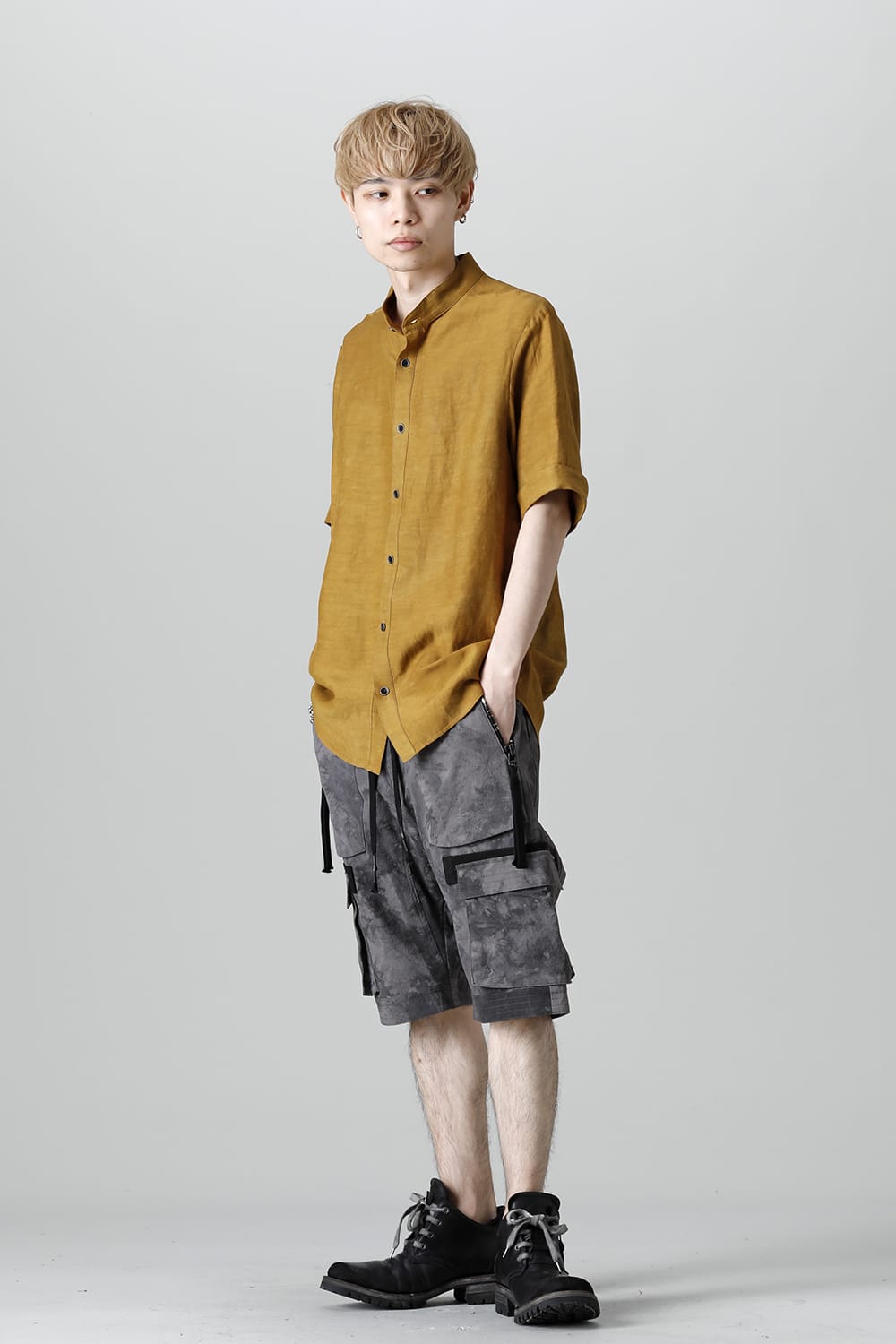 Uneven Dyed Rayon×Linen×Ramie Band Coller Short Sleeves Shirt  Mustard