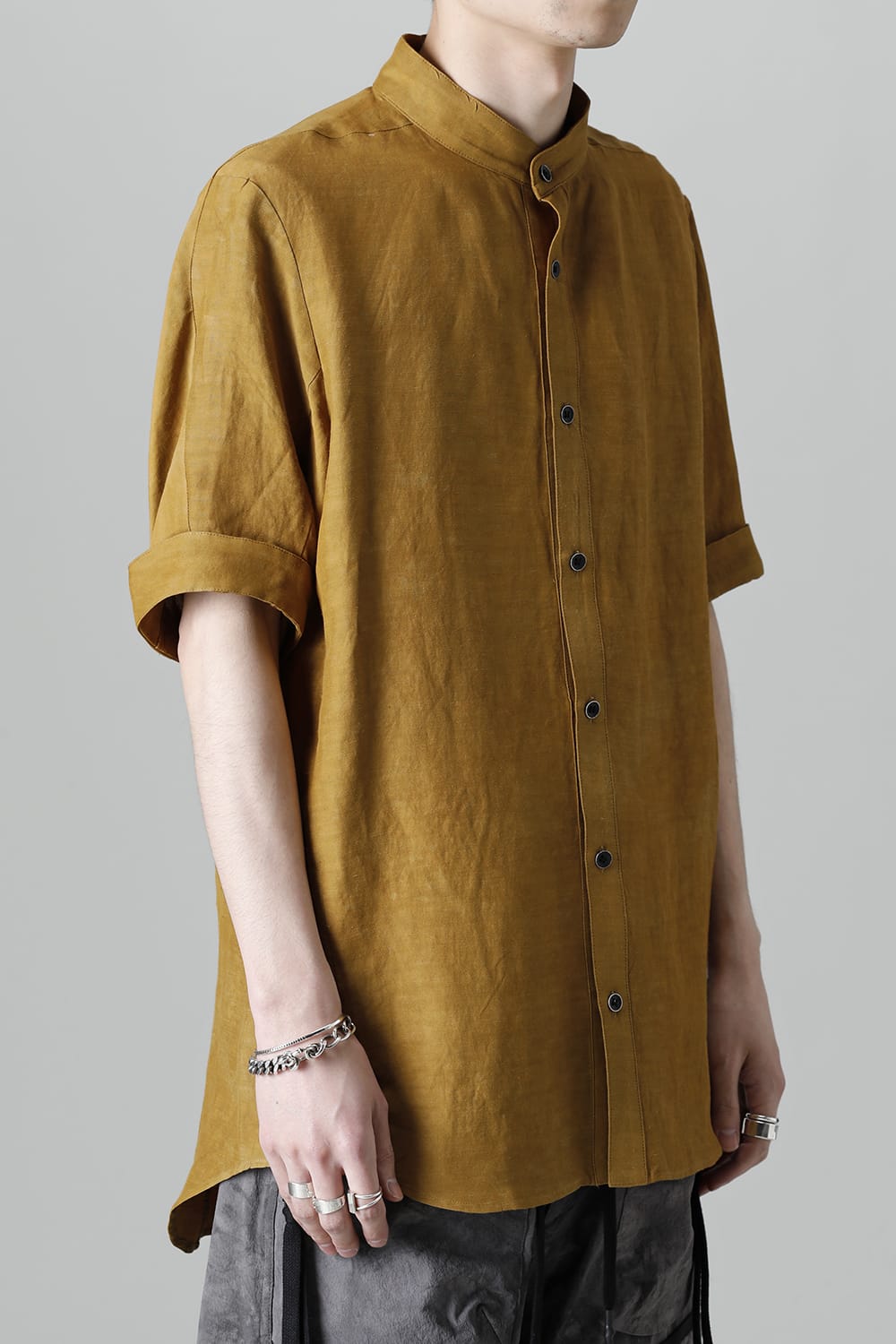 Uneven Dyed Rayon×Linen×Ramie Band Coller Short Sleeves Shirt  Mustard