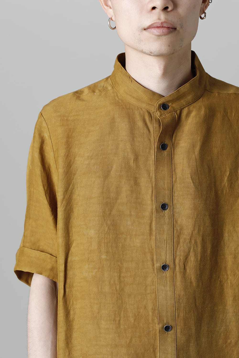 Uneven Dyed Rayon×Linen×Ramie Band Coller Short Sleeves Shirt  Mustard