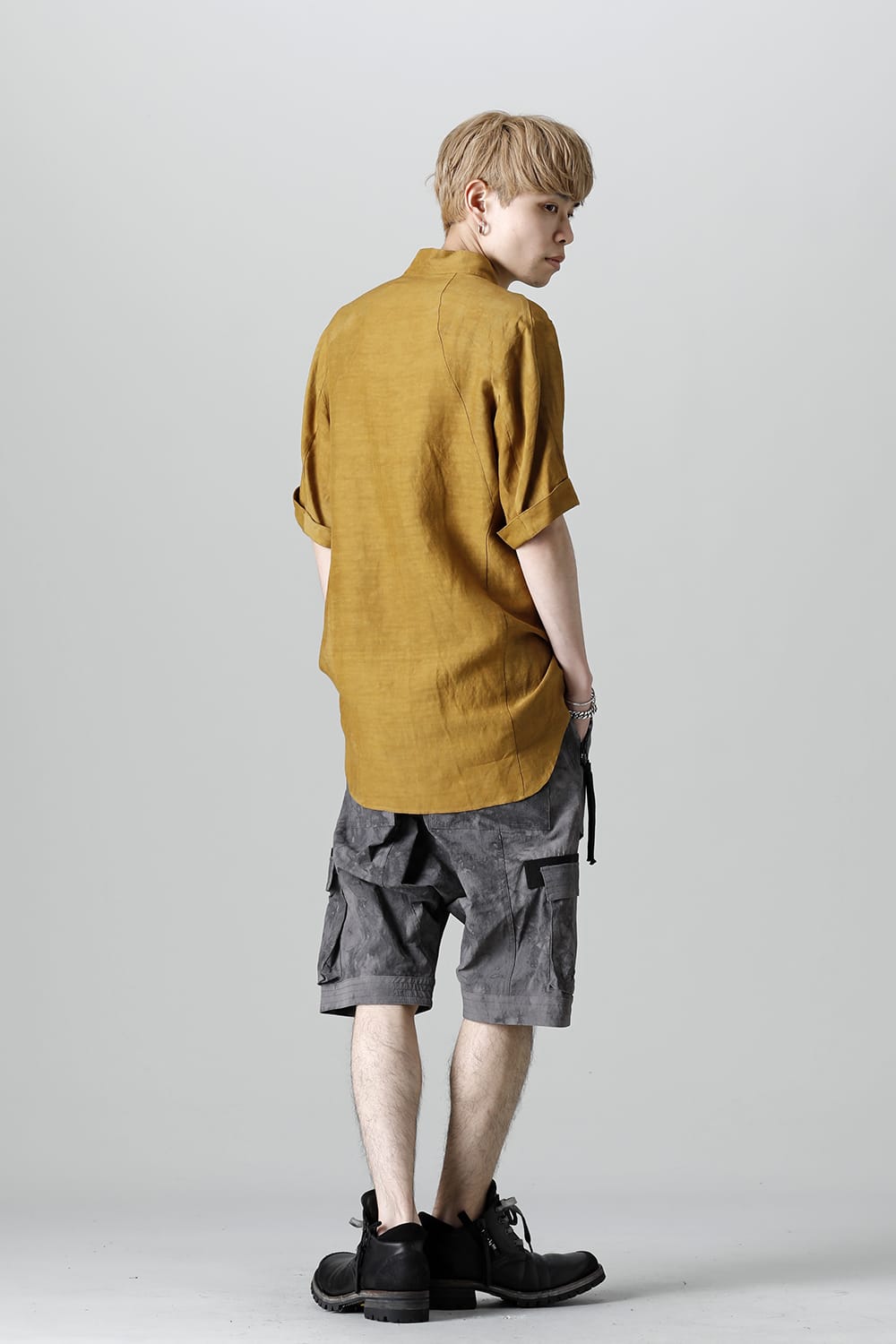 Uneven Dyed Rayon×Linen×Ramie Band Coller Short Sleeves Shirt  Mustard