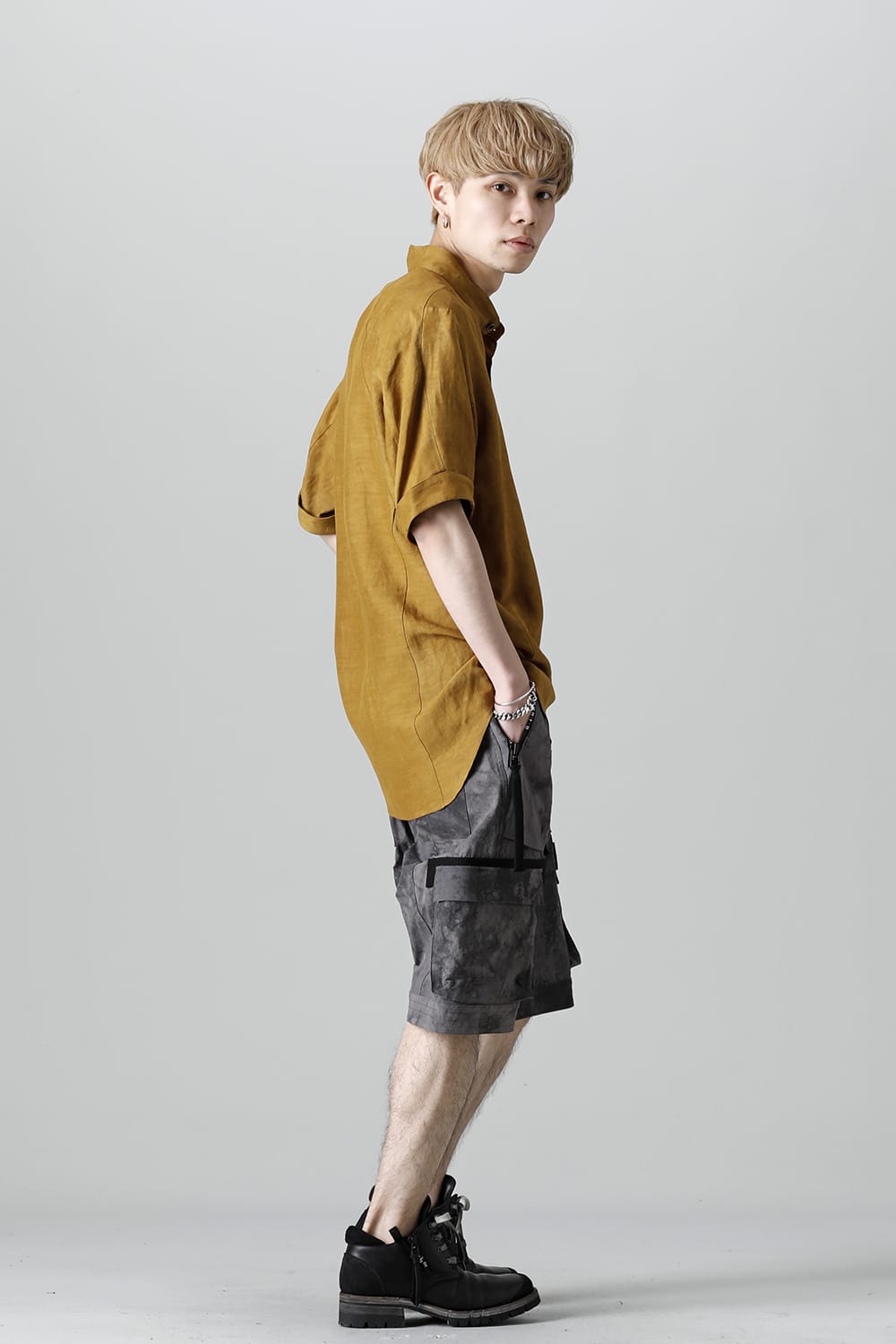 Uneven Dyed Rayon×Linen×Ramie Band Coller Short Sleeves Shirt  Mustard