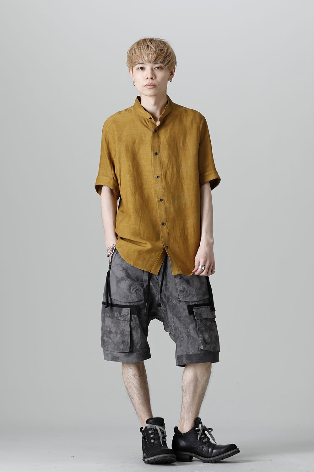 Uneven Dyed Rayon×Linen×Ramie Band Coller Short Sleeves Shirt  Mustard