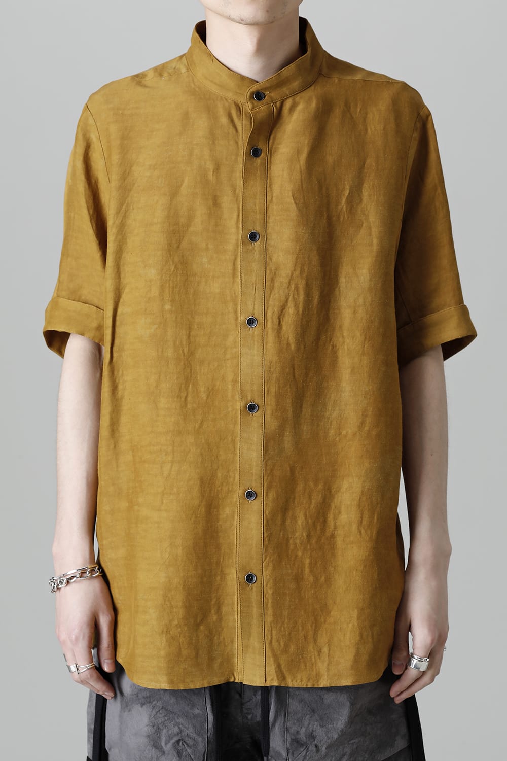 Uneven Dyed Rayon×Linen×Ramie Band Coller Short Sleeves Shirt  Mustard