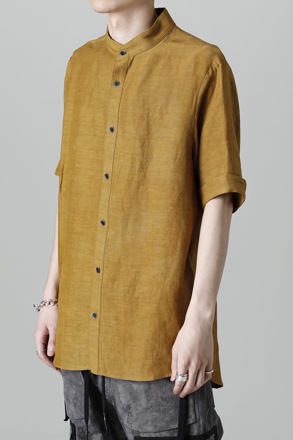 Uneven Dyed Rayon×Linen×Ramie Band Coller Short Sleeves Shirt  Mustard