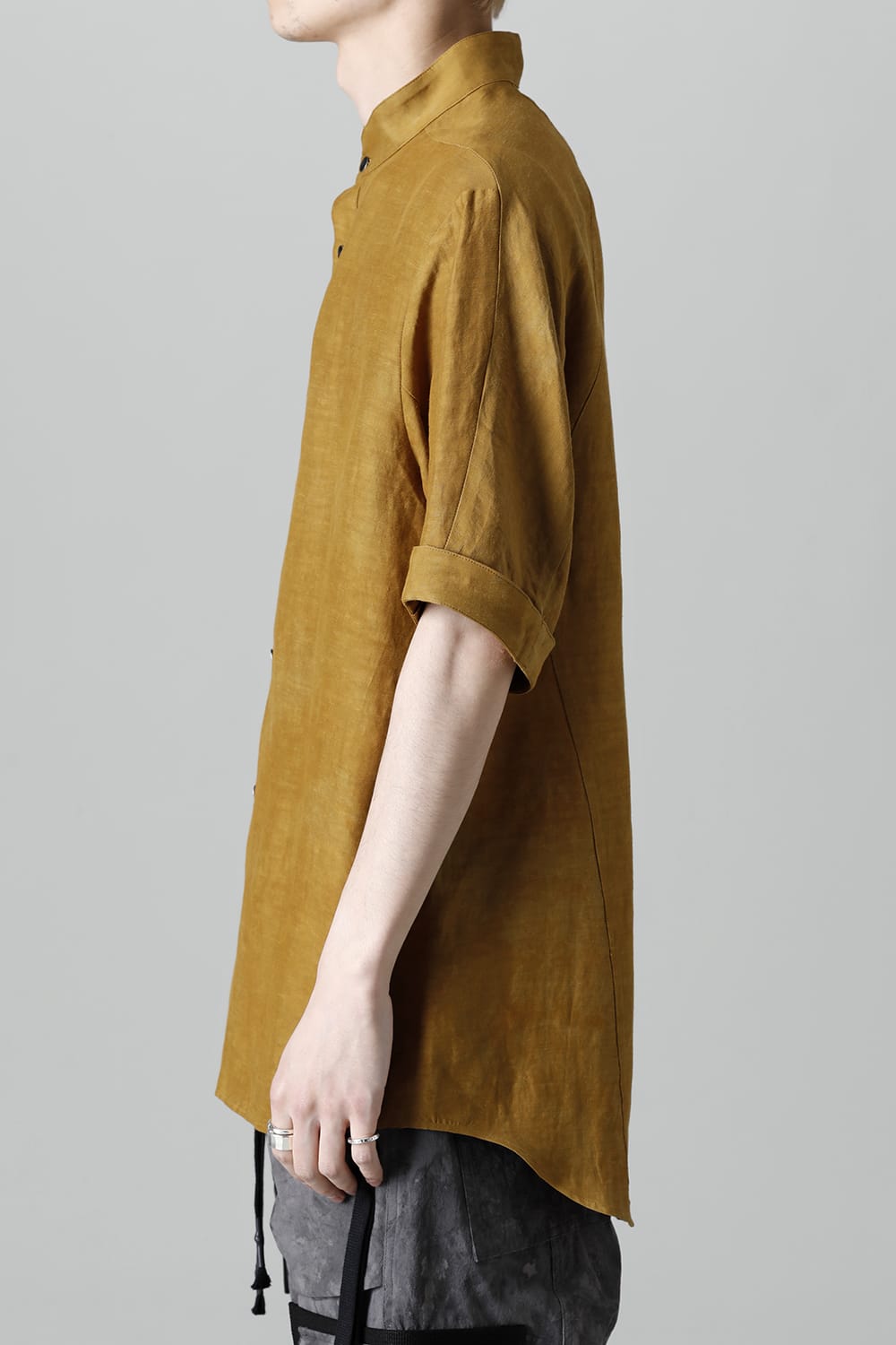 Uneven Dyed Rayon×Linen×Ramie Band Coller Short Sleeves Shirt  Mustard