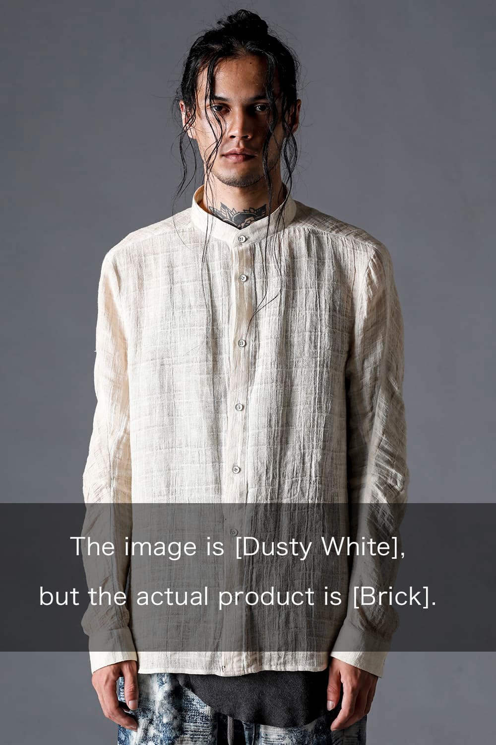 Cracked Jacquard Linen Cold-Dyed Banded Collar Shirt Brick