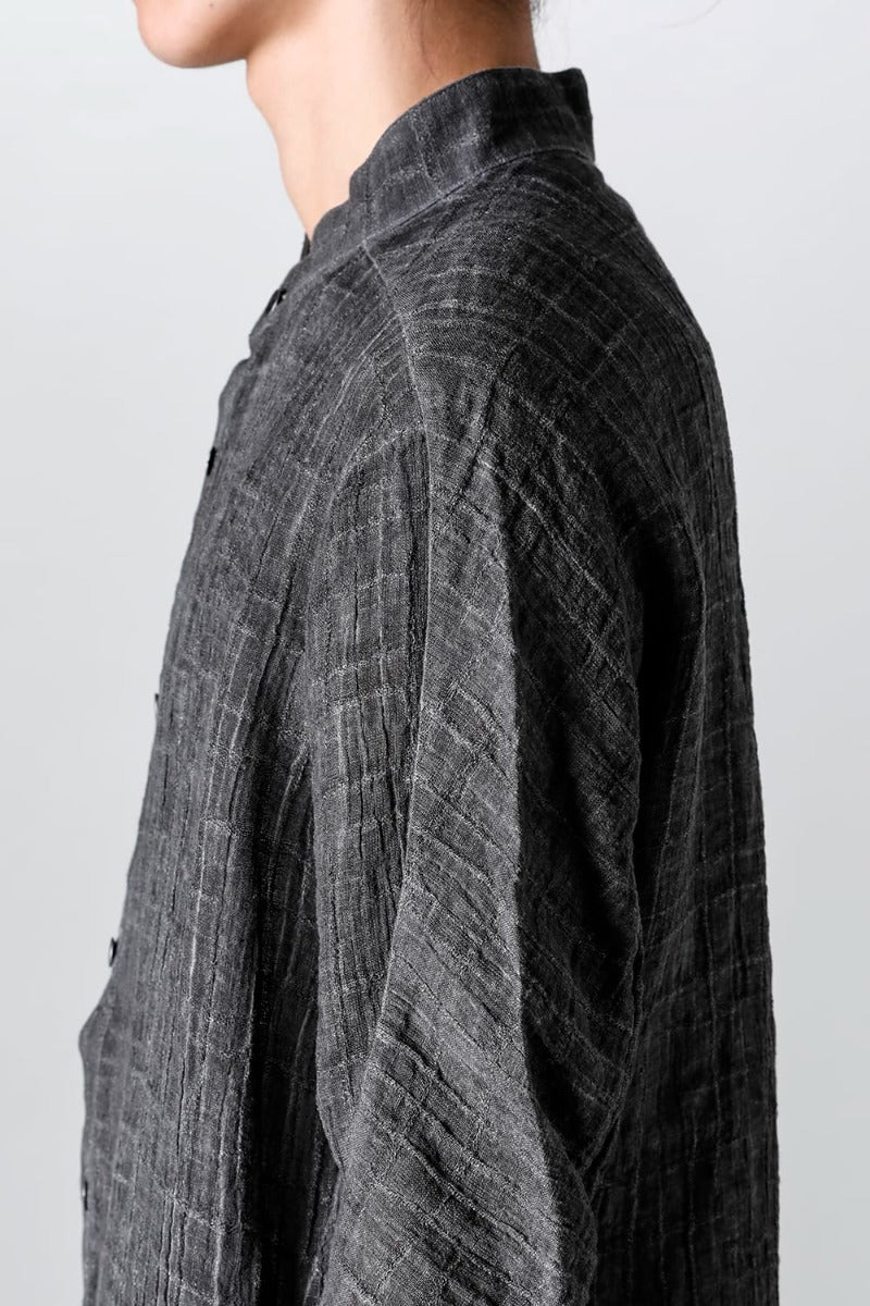 Cracked Jacquard Linen Cold-Dyed Banded Collar Shirt Charcoal