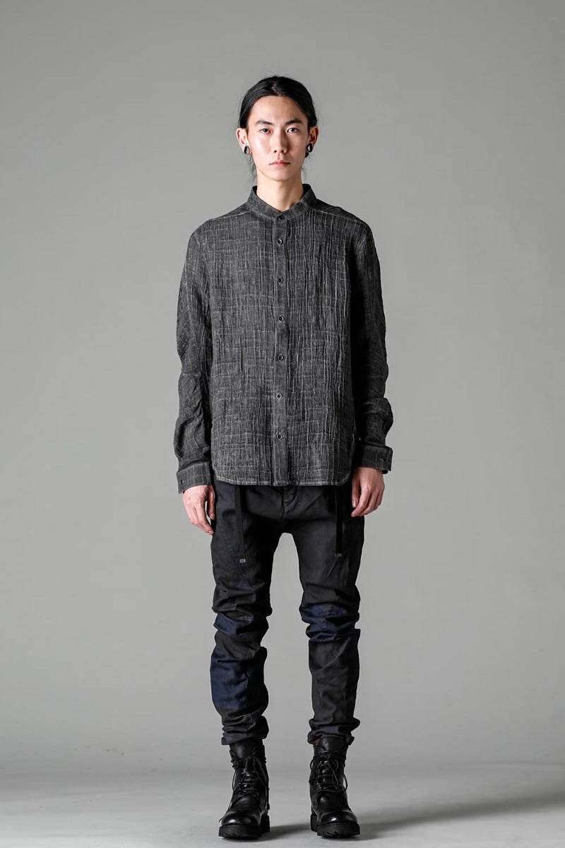 Cracked Jacquard Linen Cold-Dyed Banded Collar Shirt Charcoal