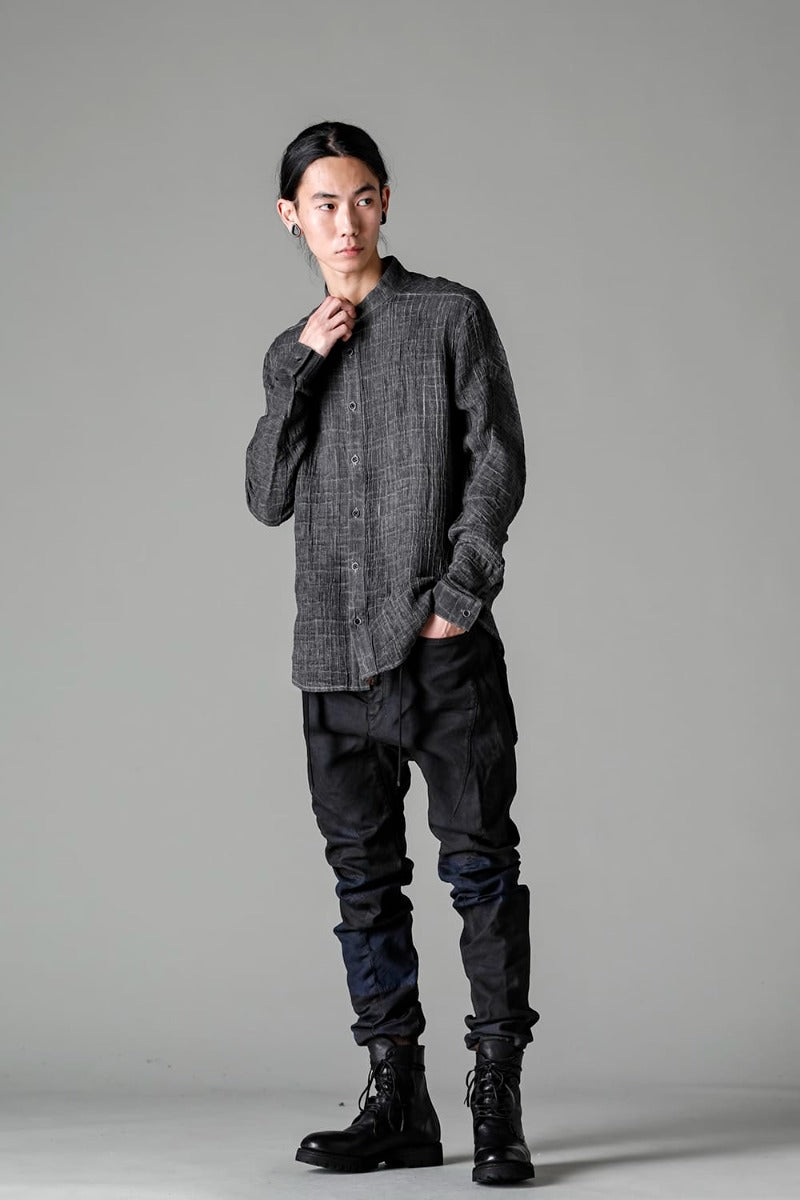 Cracked Jacquard Linen Cold-Dyed Banded Collar Shirt Charcoal