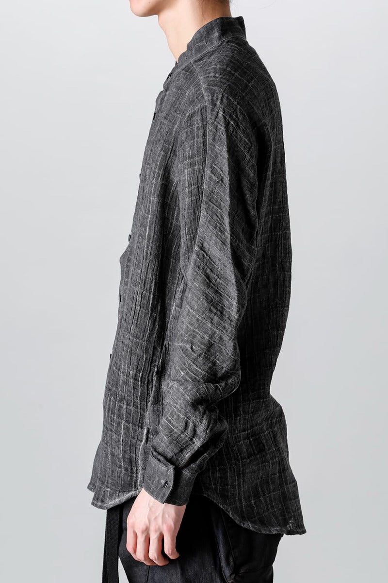 Cracked Jacquard Linen Cold-Dyed Banded Collar Shirt Charcoal