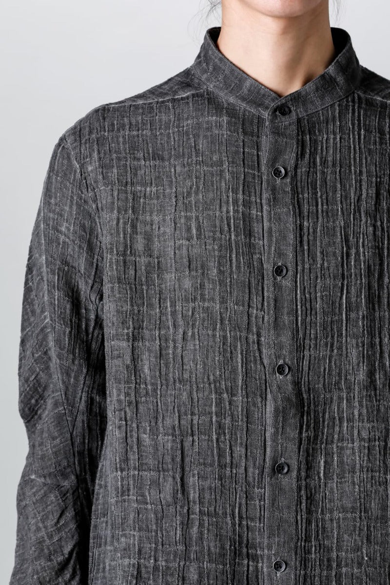 Cracked Jacquard Linen Cold-Dyed Banded Collar Shirt Charcoal