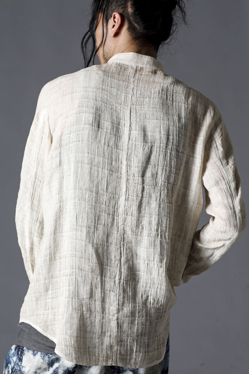 Cracked Jacquard Linen Cold-Dyed Banded Collar Shirt Dusty White