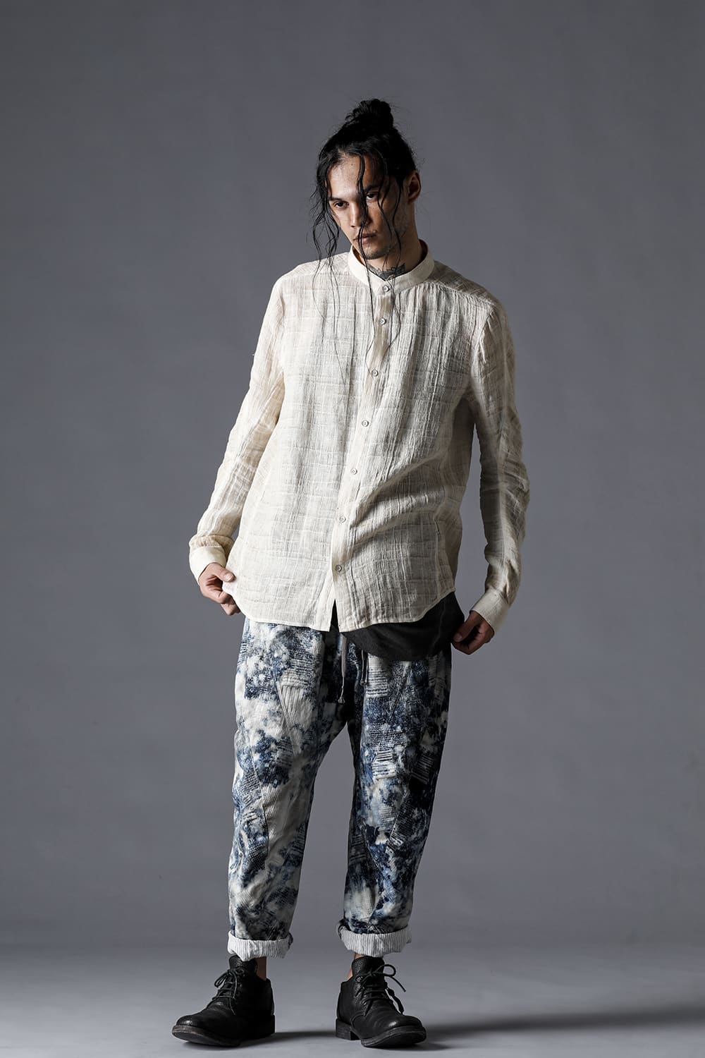 Cracked Jacquard Linen Cold-Dyed Banded Collar Shirt Dusty White