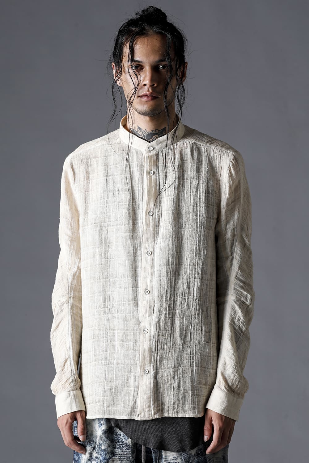 Cracked Jacquard Linen Cold-Dyed Banded Collar Shirt Dusty White