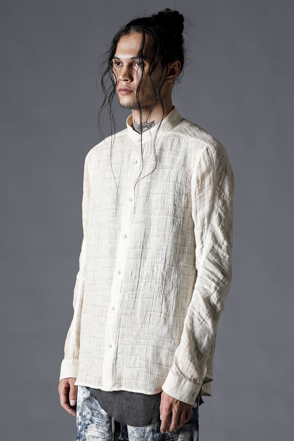 Cracked Jacquard Linen Cold-Dyed Banded Collar Shirt Dusty White