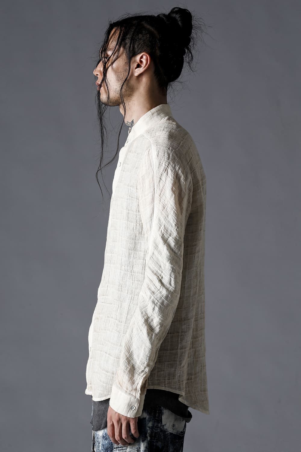 Cracked Jacquard Linen Cold-Dyed Banded Collar Shirt Dusty White