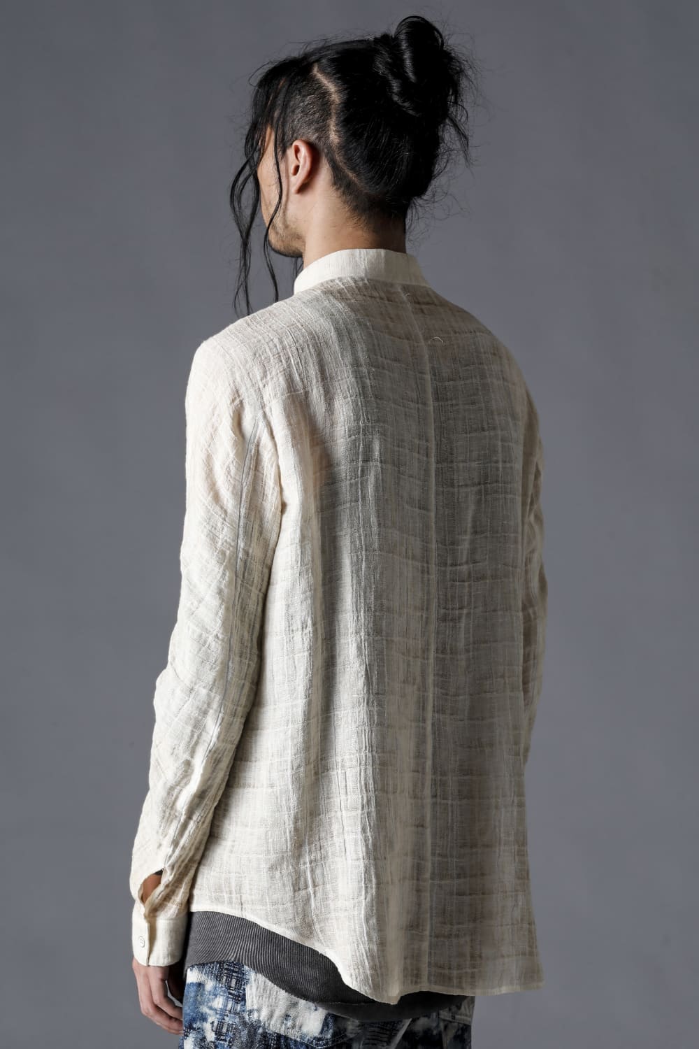 Cracked Jacquard Linen Cold-Dyed Banded Collar Shirt Dusty White