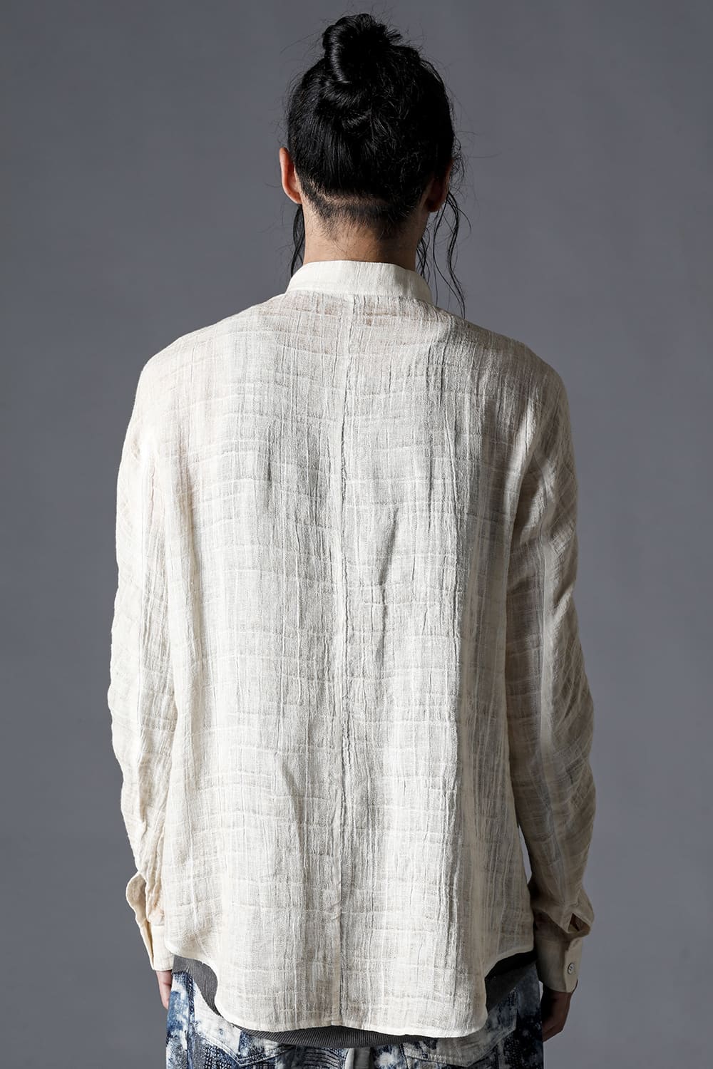 Cracked Jacquard Linen Cold-Dyed Banded Collar Shirt Dusty White