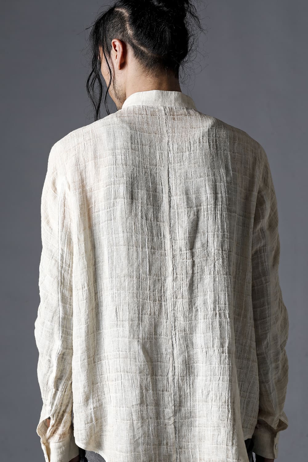 Cracked Jacquard Linen Cold-Dyed Banded Collar Shirt Dusty White