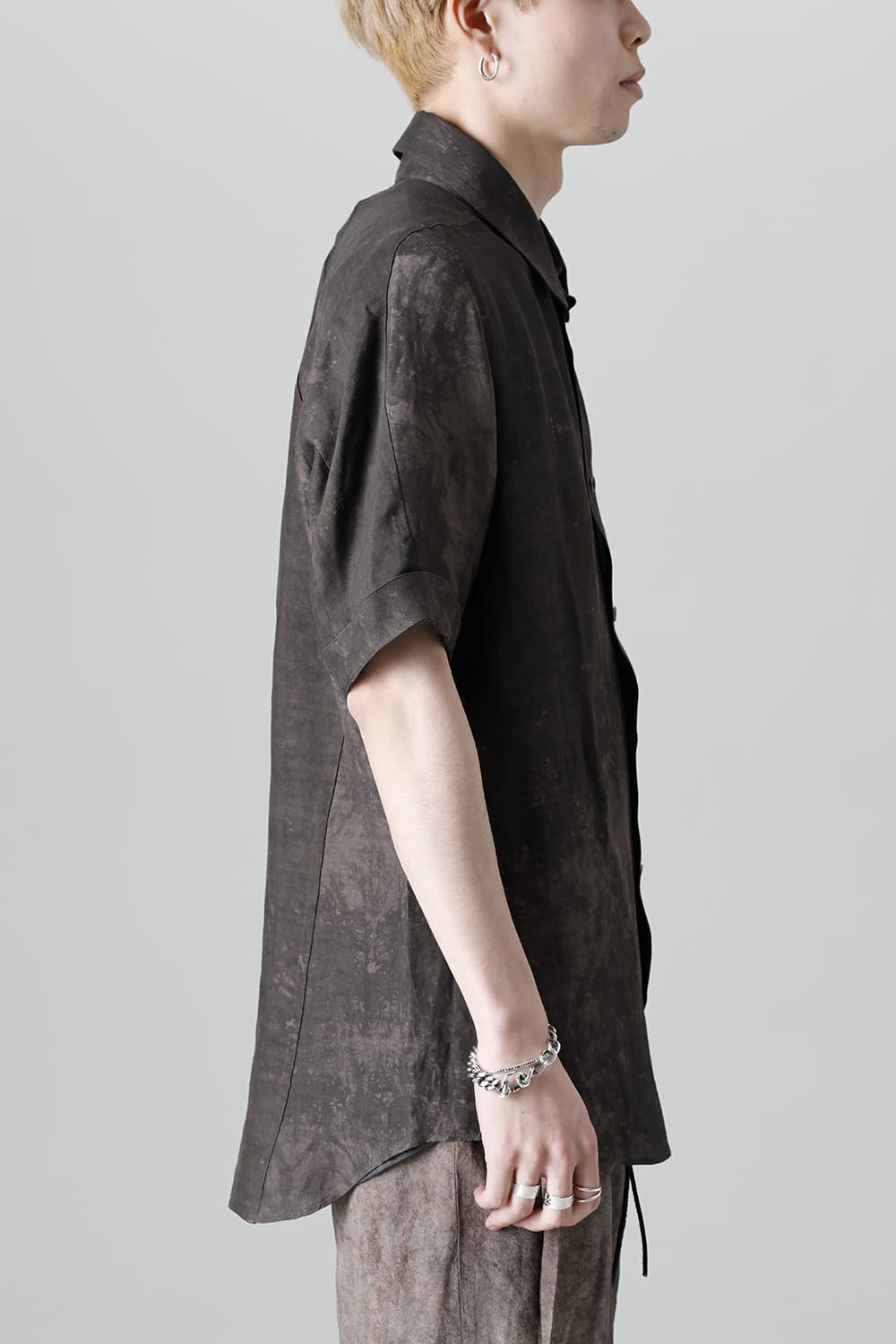 Uneven Dyed Rayon×Linen×Ramie Regular Coller Short Sleeves Shirt  Charcoal