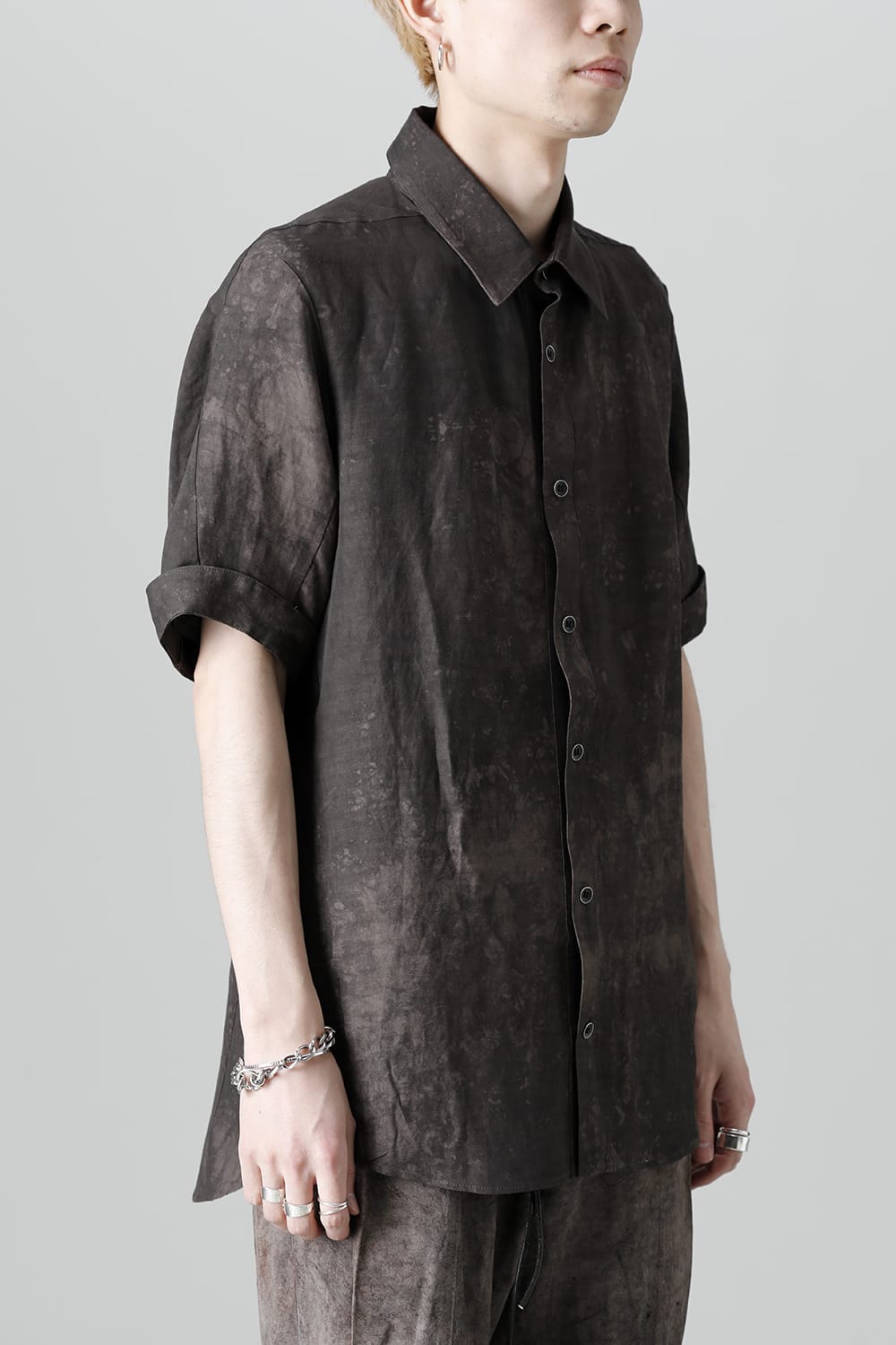 Uneven Dyed Rayon×Linen×Ramie Regular Coller Short Sleeves Shirt  Charcoal