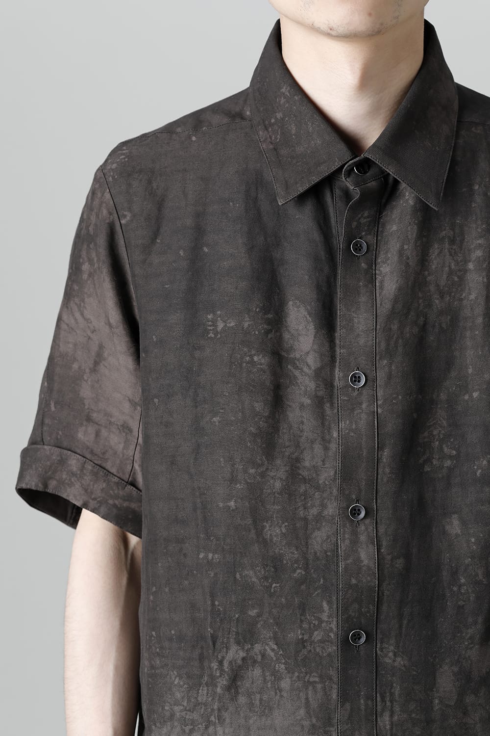 Uneven Dyed Rayon×Linen×Ramie Regular Coller Short Sleeves Shirt  Charcoal