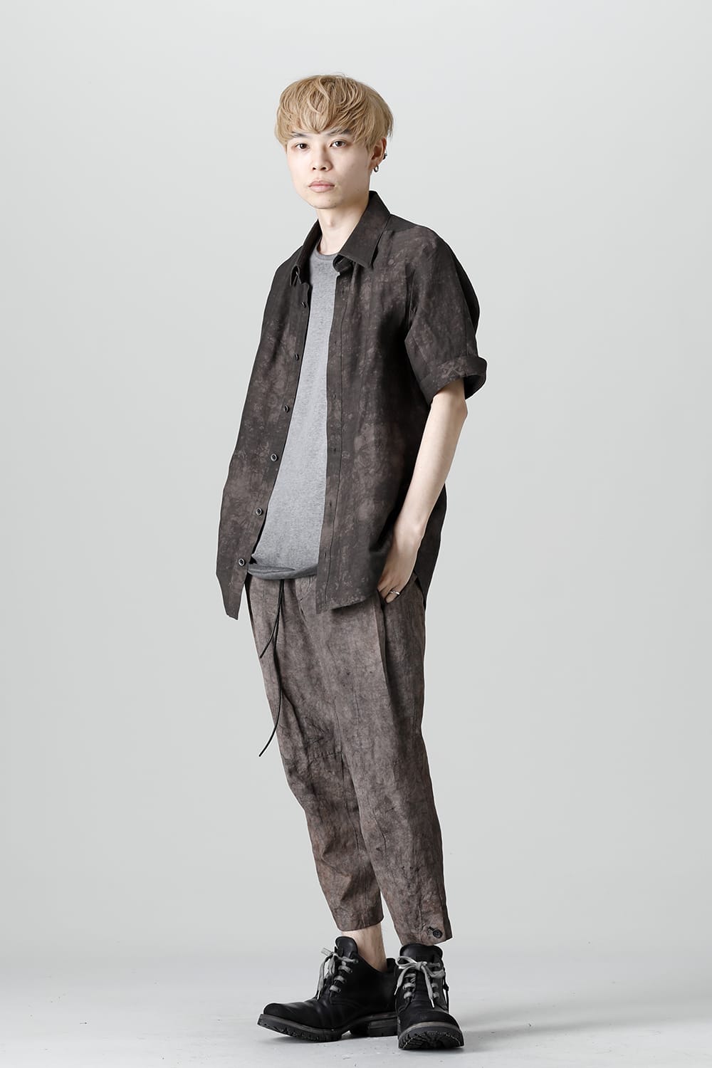 Uneven Dyed Rayon×Linen×Ramie Regular Coller Short Sleeves Shirt  Charcoal