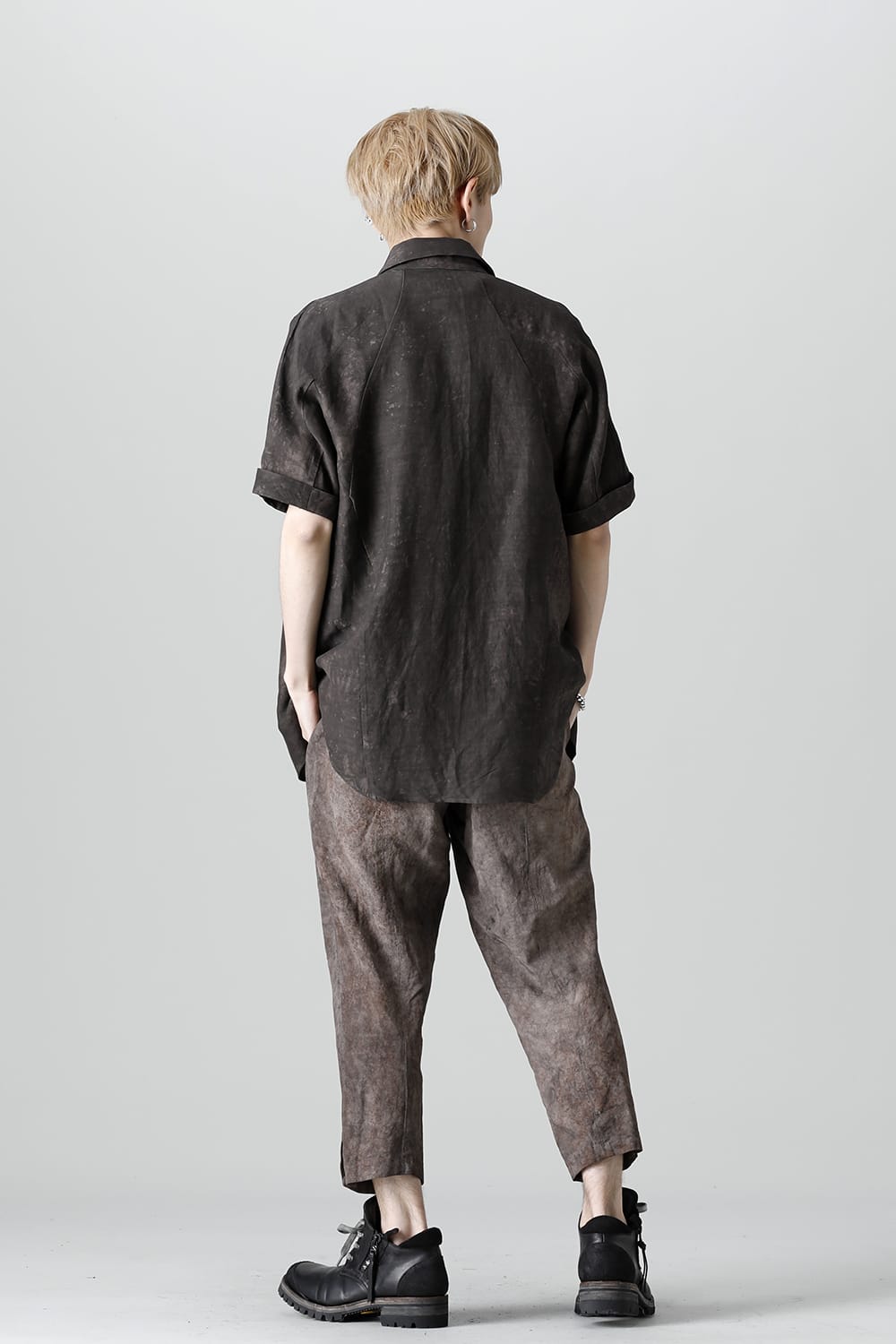 Uneven Dyed Rayon×Linen×Ramie Regular Coller Short Sleeves Shirt  Charcoal