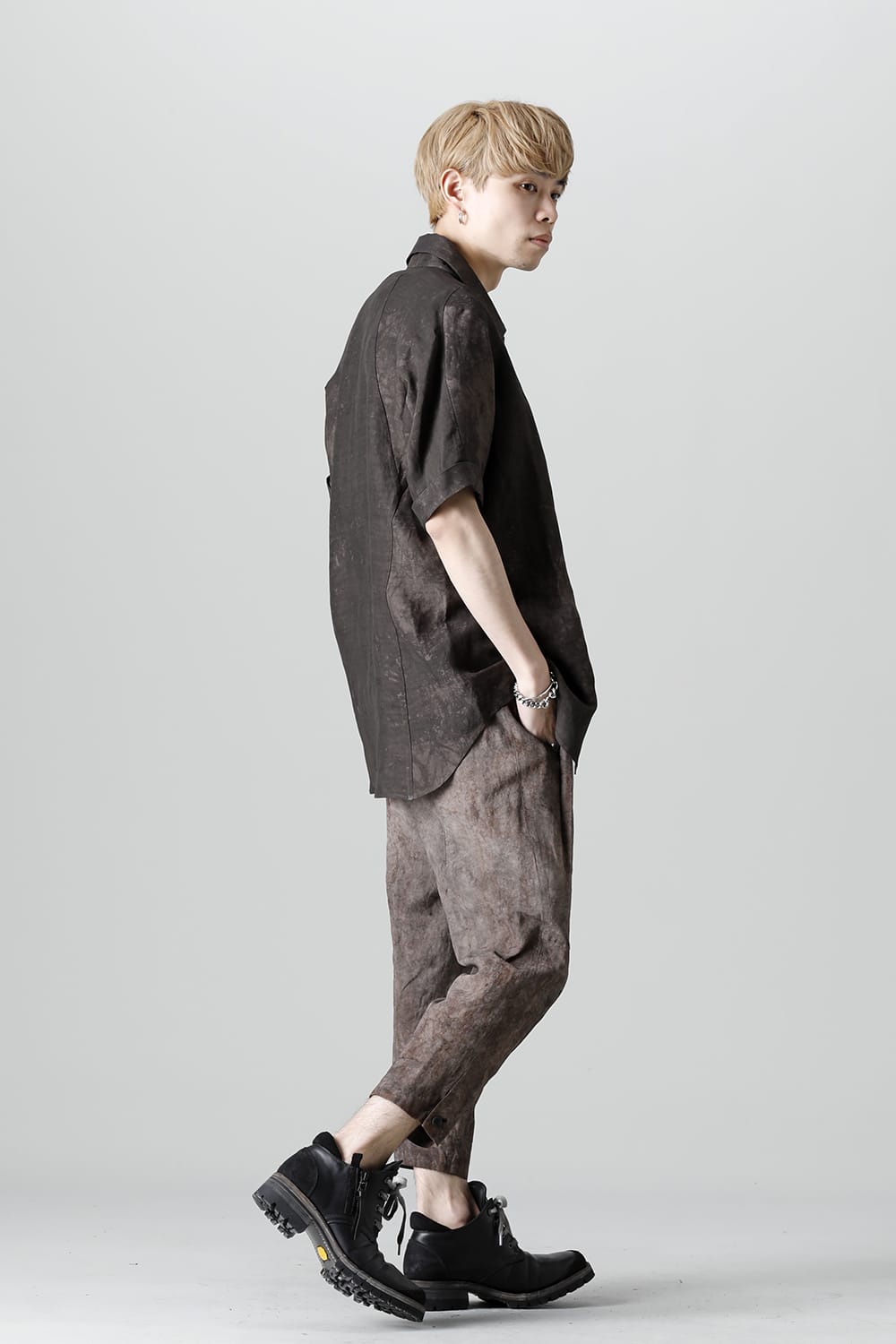 Uneven Dyed Rayon×Linen×Ramie Regular Coller Short Sleeves Shirt  Charcoal