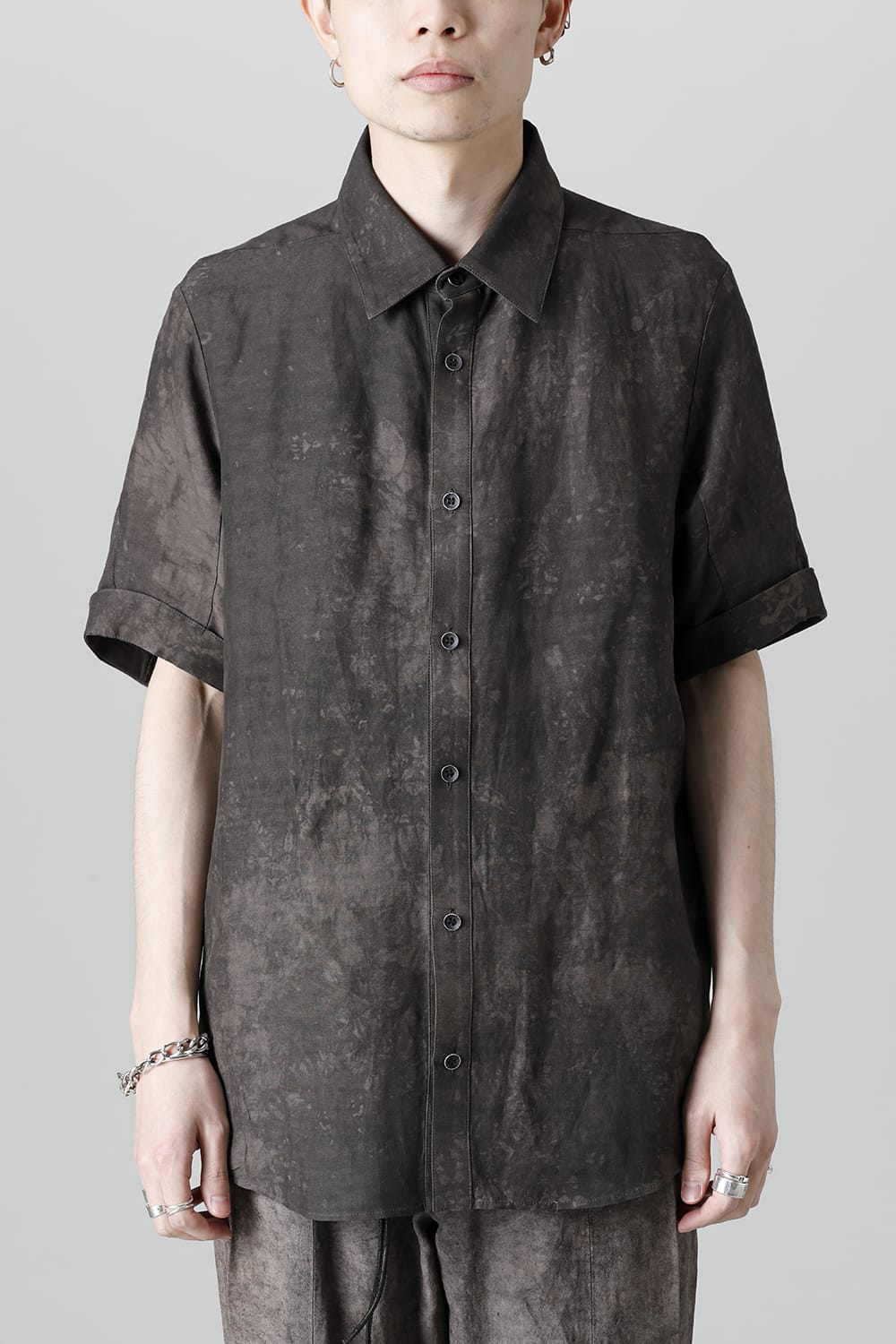 Uneven Dyed Rayon×Linen×Ramie Regular Coller Short Sleeves Shirt  Charcoal