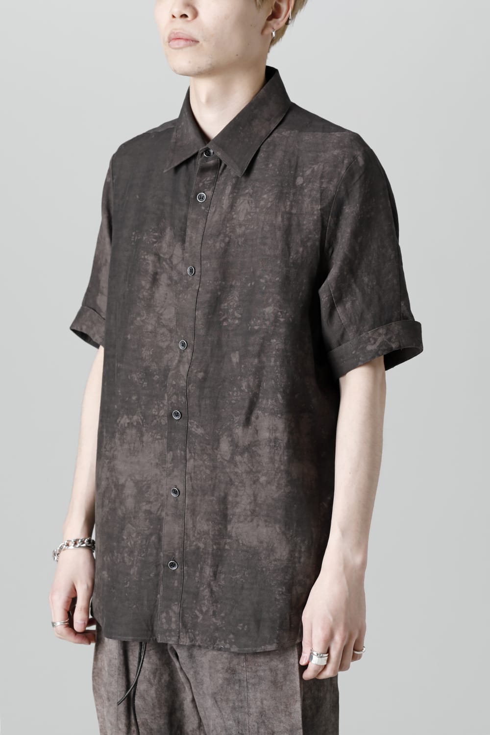 Uneven Dyed Rayon×Linen×Ramie Regular Coller Short Sleeves Shirt  Charcoal