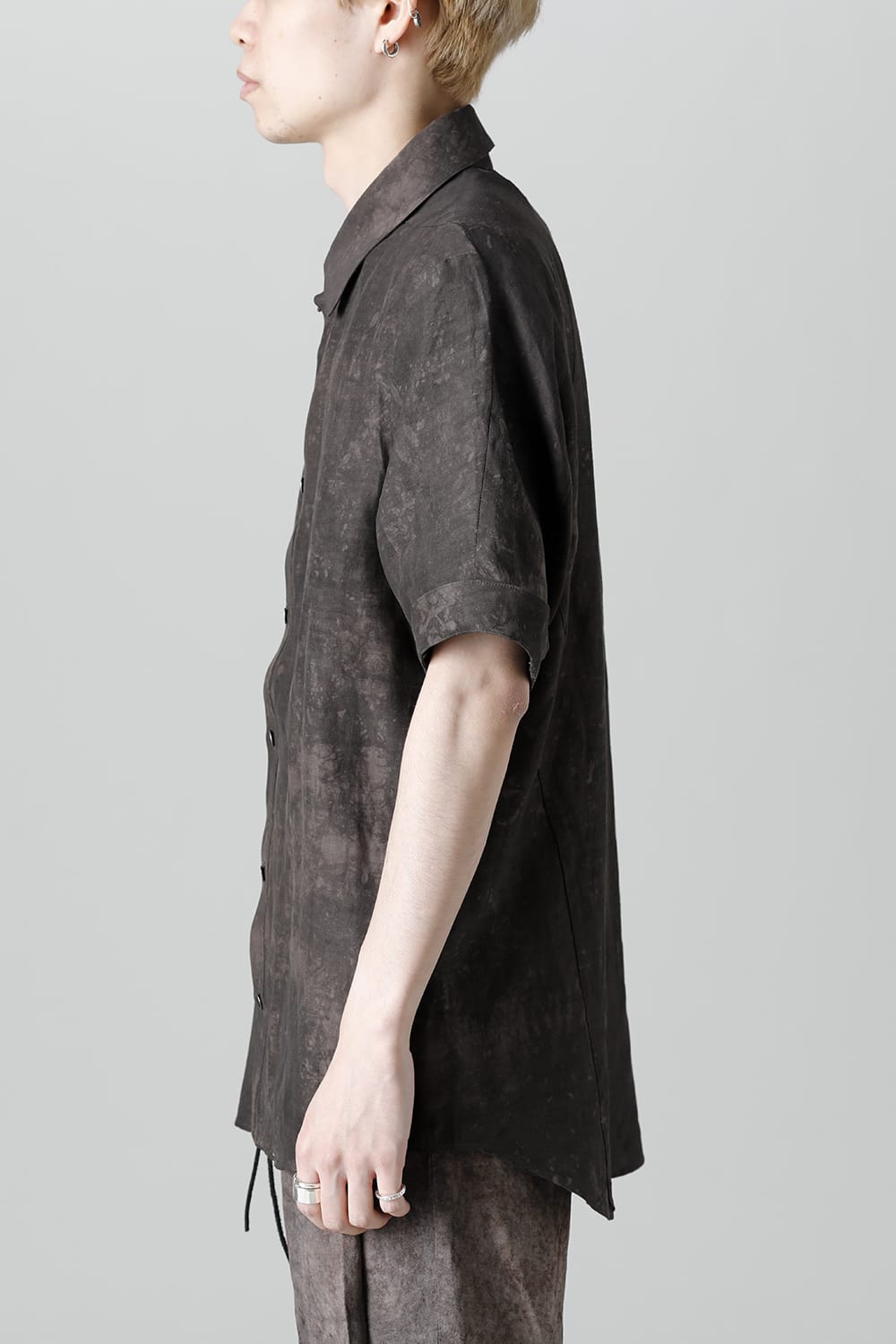 Uneven Dyed Rayon×Linen×Ramie Regular Coller Short Sleeves Shirt  Charcoal