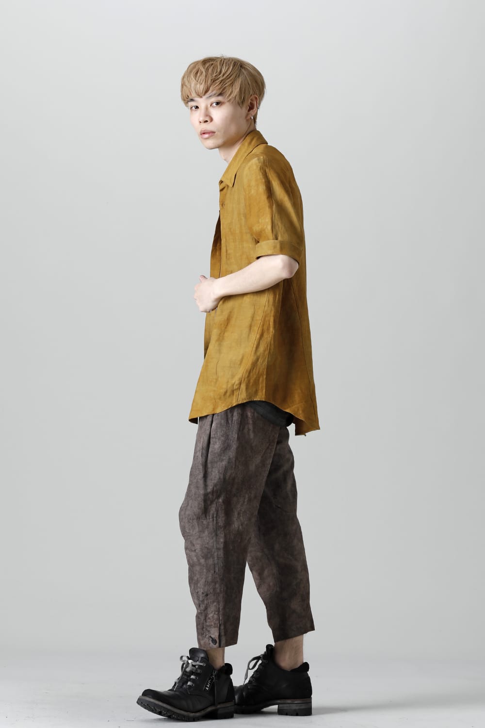 Uneven Dyed Rayon×Linen×Ramie Regular Coller Short Sleeves Shirt  Mustard