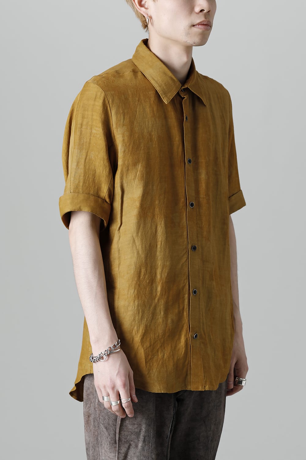 Uneven Dyed Rayon×Linen×Ramie Regular Coller Short Sleeves Shirt  Mustard