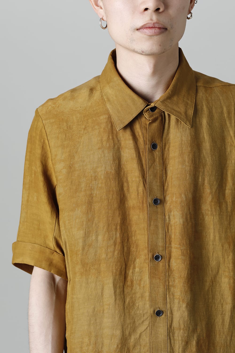 Uneven Dyed Rayon×Linen×Ramie Regular Coller Short Sleeves Shirt  Mustard