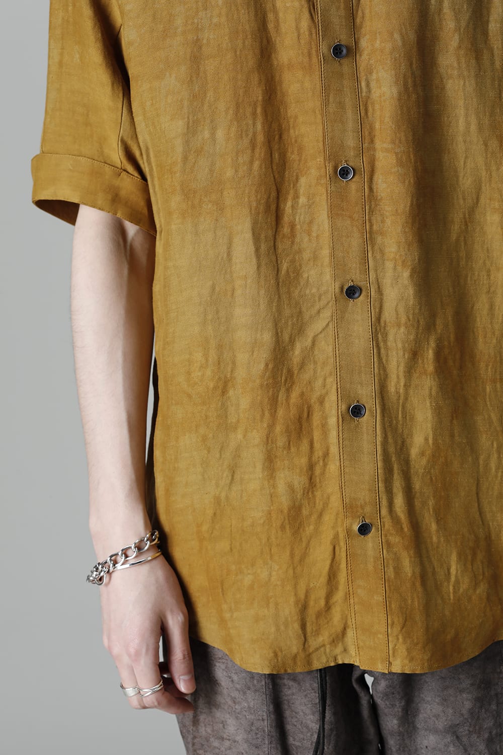 Uneven Dyed Rayon×Linen×Ramie Regular Coller Short Sleeves Shirt  Mustard