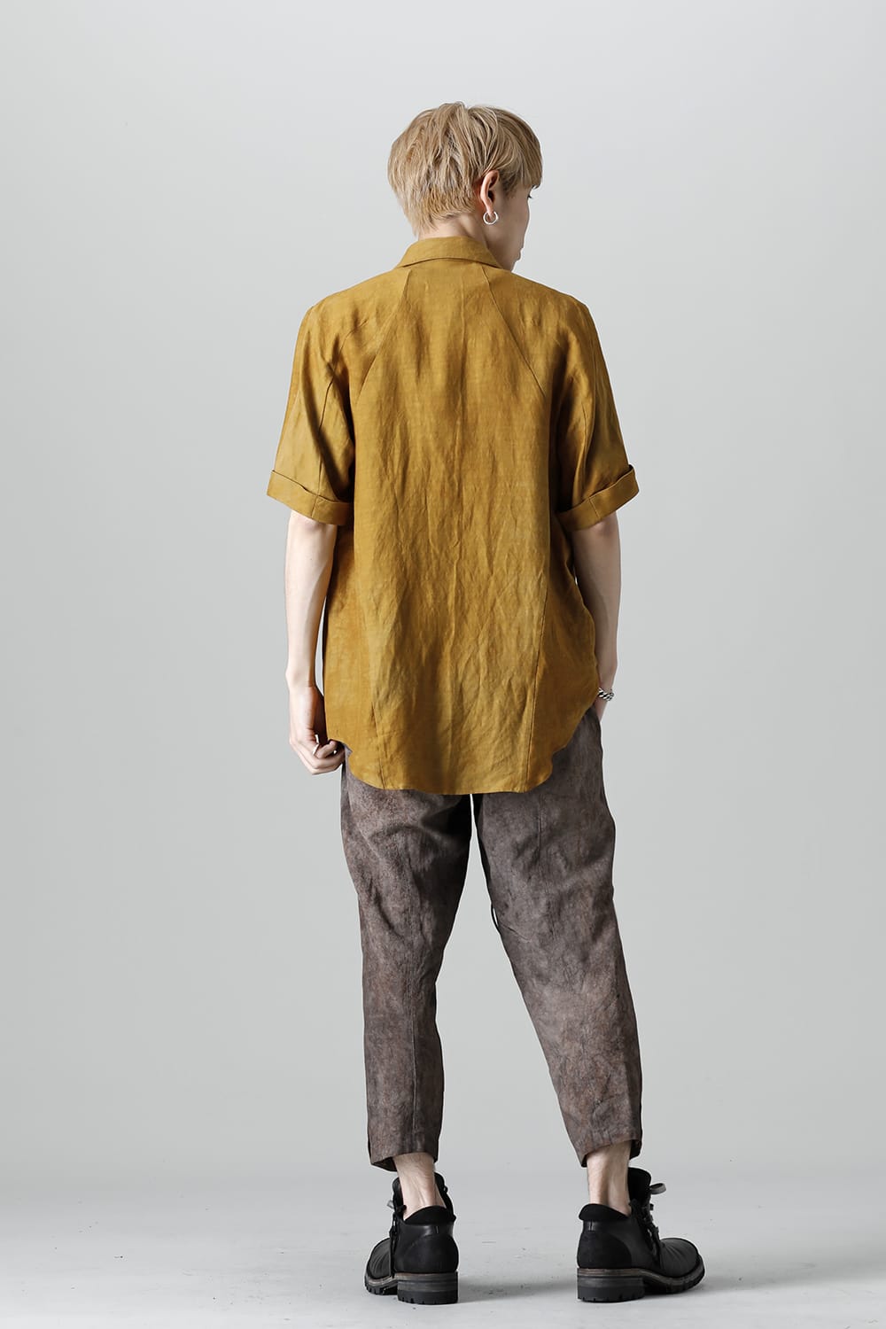 Uneven Dyed Rayon×Linen×Ramie Regular Coller Short Sleeves Shirt  Mustard