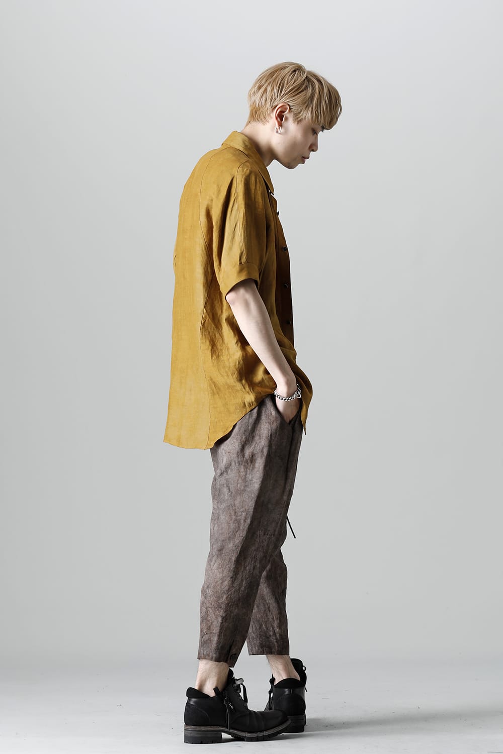 Uneven Dyed Rayon×Linen×Ramie Regular Coller Short Sleeves Shirt  Mustard