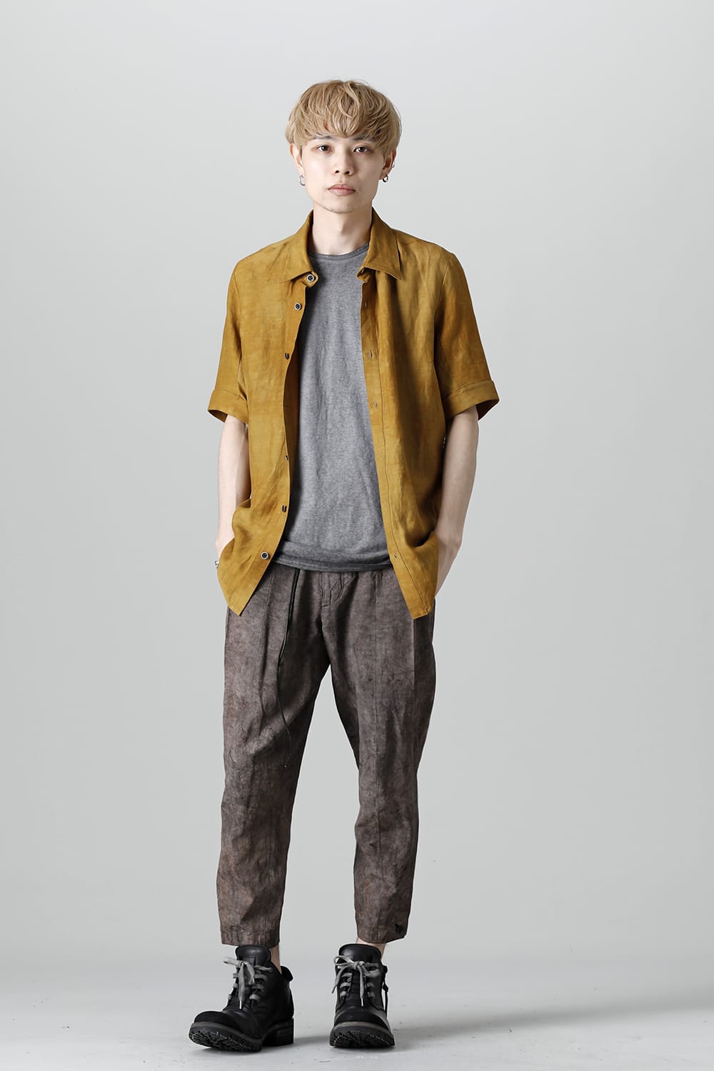 Uneven Dyed Rayon×Linen×Ramie Regular Coller Short Sleeves Shirt  Mustard