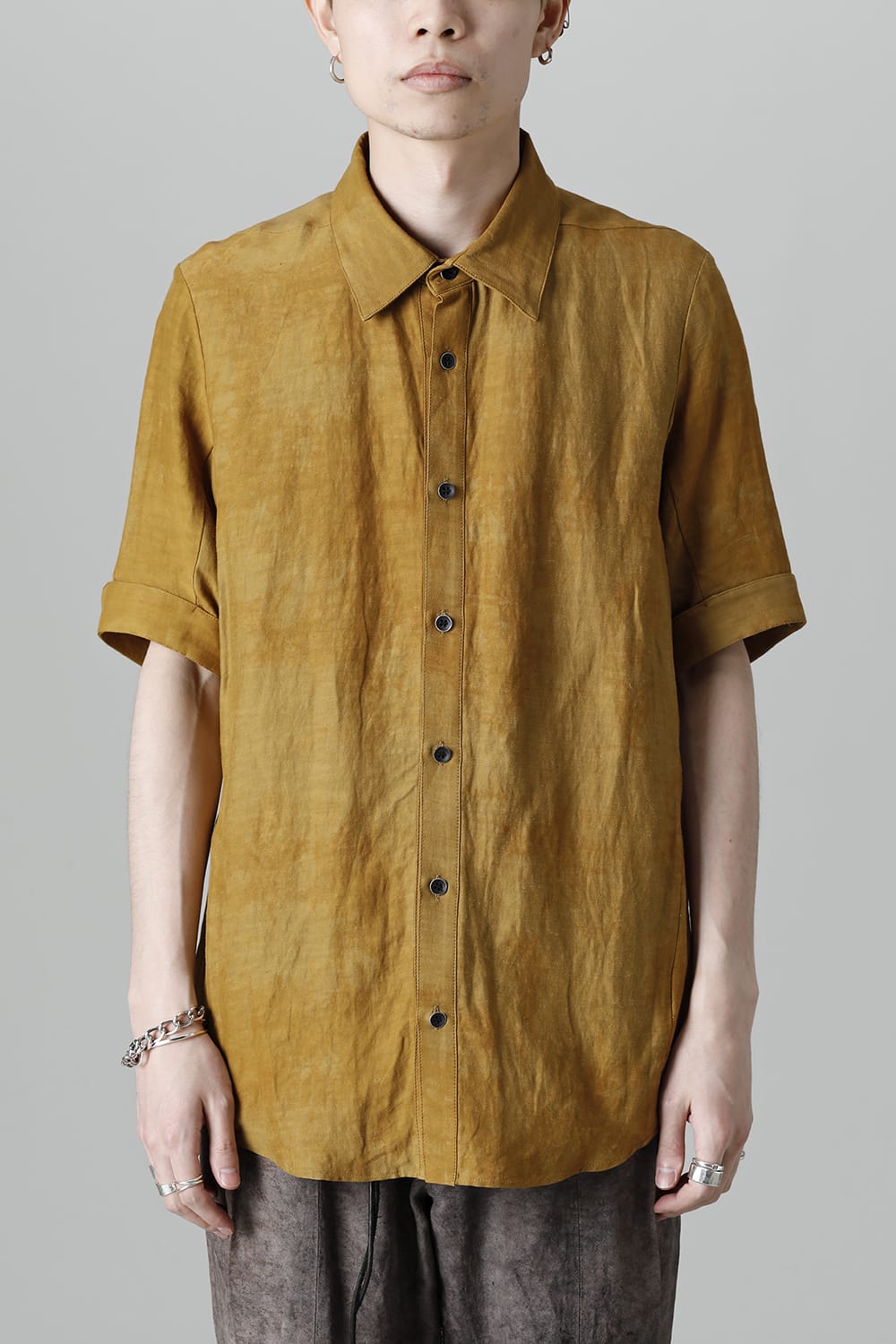 Uneven Dyed Rayon×Linen×Ramie Regular Coller Short Sleeves Shirt  Mustard