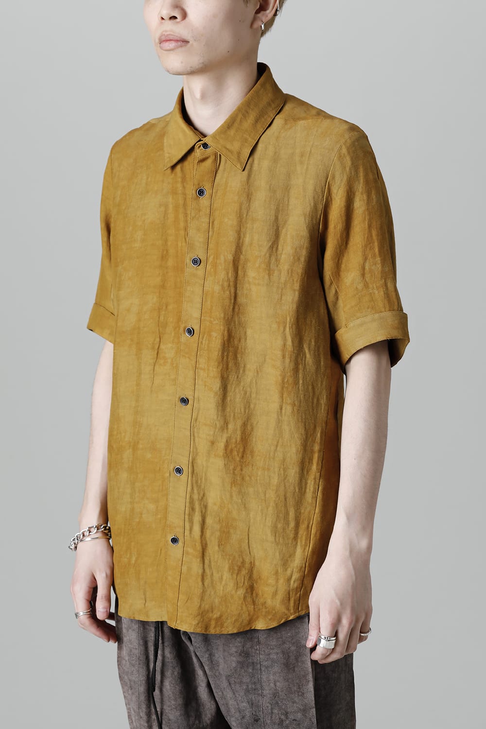 Uneven Dyed Rayon×Linen×Ramie Regular Coller Short Sleeves Shirt  Mustard