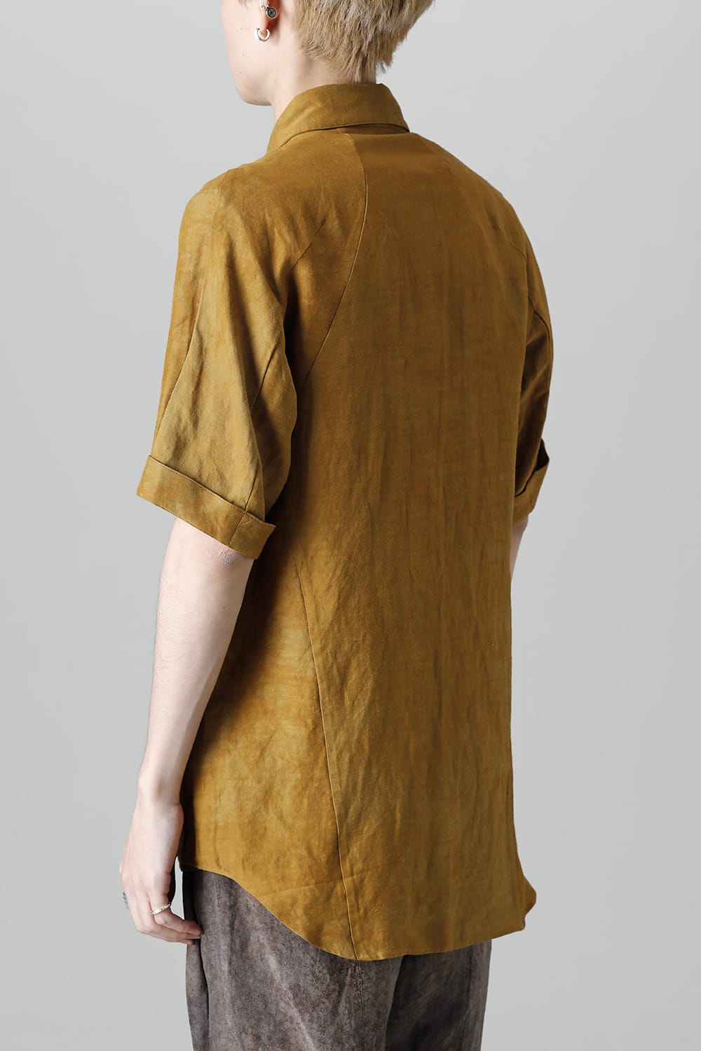 Uneven Dyed Rayon×Linen×Ramie Regular Coller Short Sleeves Shirt  Mustard