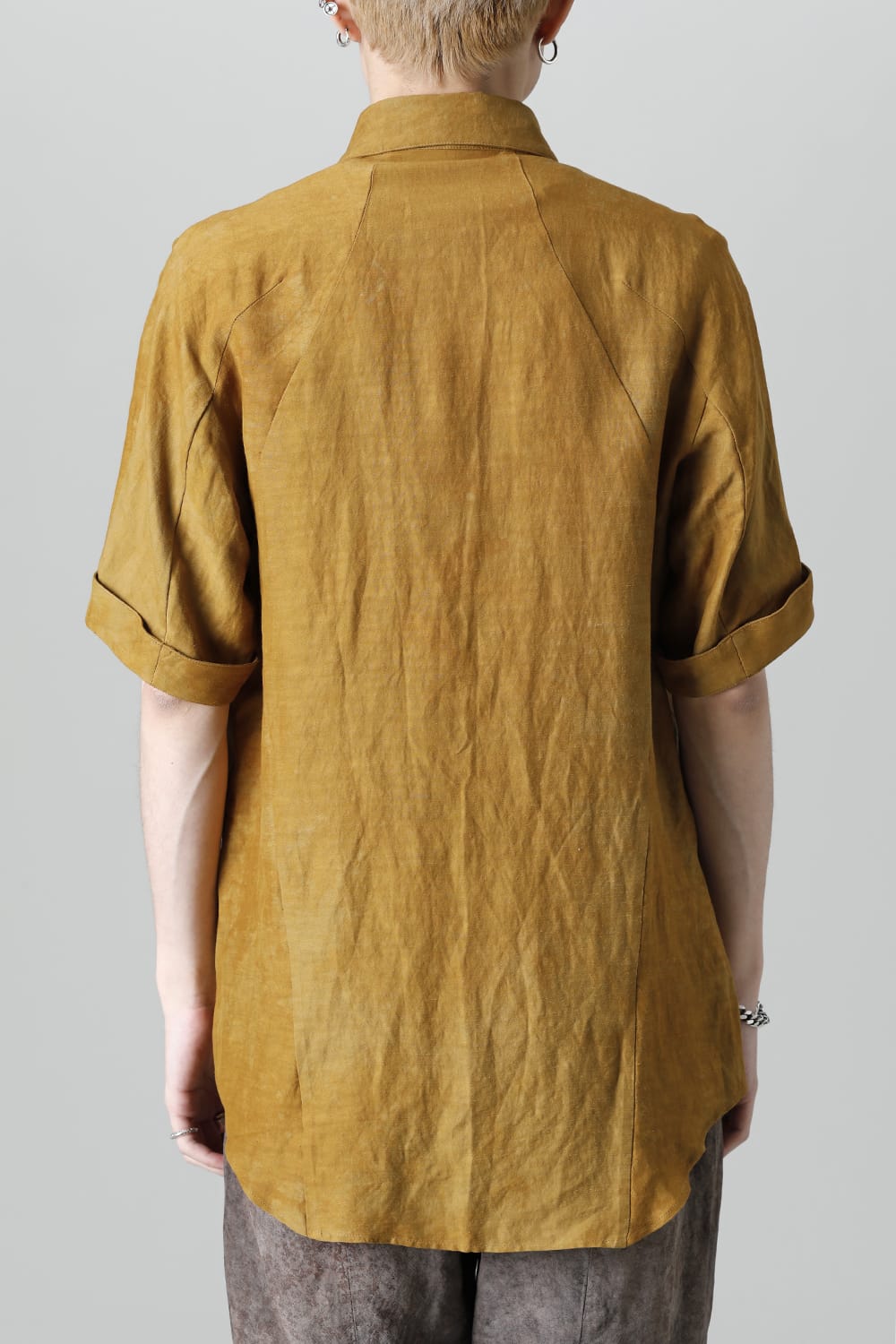 Uneven Dyed Rayon×Linen×Ramie Regular Coller Short Sleeves Shirt  Mustard